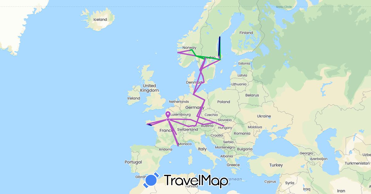 TravelMap itinerary: driving, bus, train in Austria, Switzerland, Germany, Denmark, France, Hungary, Norway, Sweden (Europe)